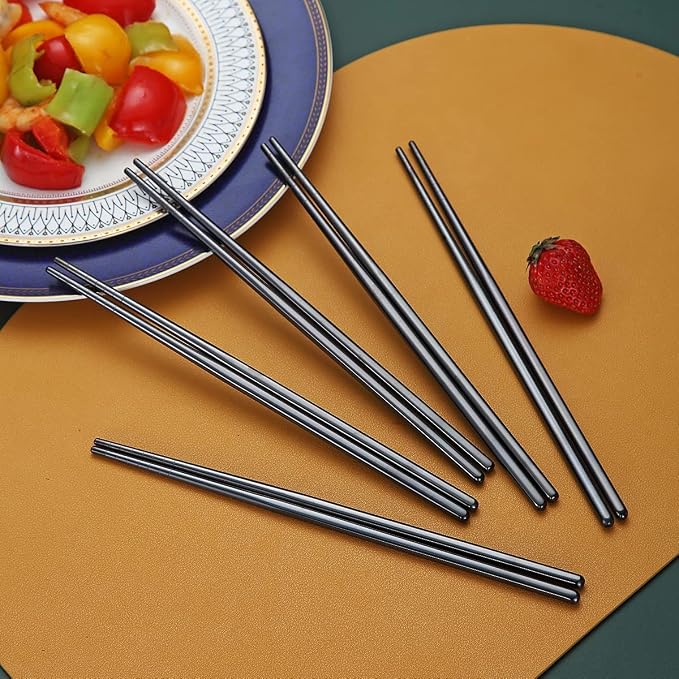 10 Pairs Reusable Chopsticks, Titanium Black Plating Stainless Steel Metal Chop Sticks, Japanese Chinese Korean Chopstick Dishwasher Safe, 8.9 Inch (Black / Chop sticks)