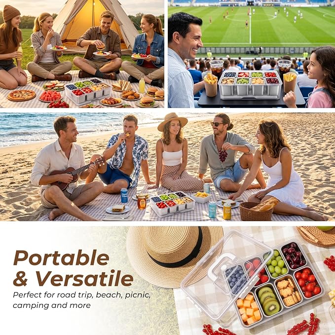 Homelove Snackle Box Container with Ice-Pack, Snack Container Divided Serving Tray with 8-Compartment Snack Platter, Lid and Handle, Food Organizer for Outdoor Travel Party Beach Picnic