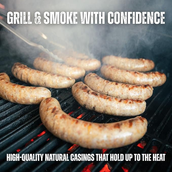 Bearded Butchers Natural Hog Sausage Casings 32-35mm, Edible Pre-Flushed | Stuffs 25-30 lbs, natural snap & bite, resealable brine bag, for bratwurst, Italian sausage, kielbasa, hot dogs, Polish