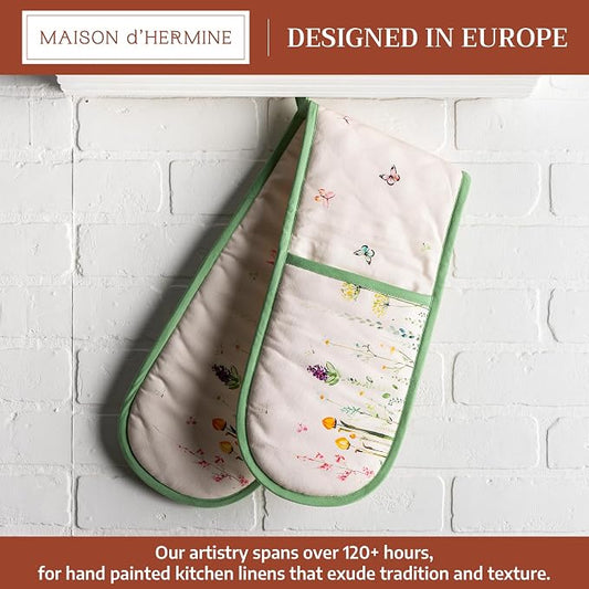 Maison d' Hermine Double Oven Mitts 100% Cotton Double Oven Glove (7"x35") | Heat Resistant BBQ Cooking Gloves with Loop Baking Grilling Kitchen Hotel Home Farmhouse Spring Summer - Botanical Fresh