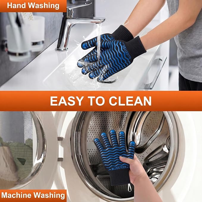 BBQ Gloves 1472°F Heat Resistant Oven Gloves with Fingers Heat Proof Grill Gloves Non-Slip Silicone Oven Mitts for Kitchen Cooking Grilling Baking Smoking