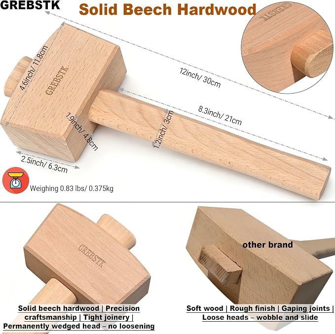 GREBSTK Unfinished Solid Beech Wood Mallet for Home Bartending & Workshop | Unfinished Natural Wood, Sweat-Absorbing Non-Slip Grip, Raw Tactile Texture, No Varnish or Oil, Precise Control for Tasks