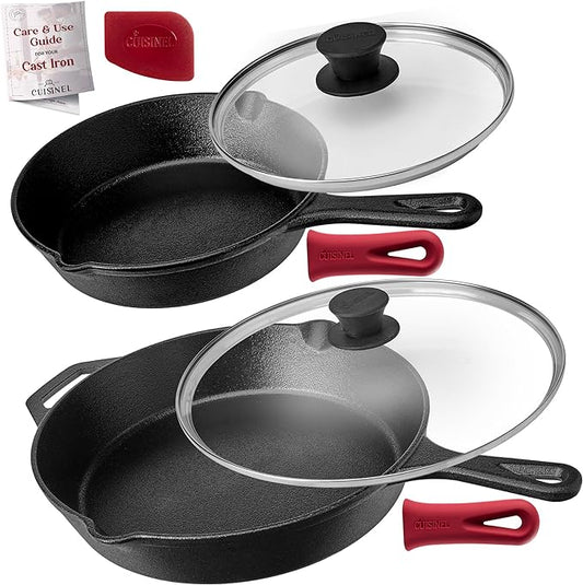 Cuisinel Cast Iron Skillet Set - 8" + 12"-Inch Frying Pan + Glass Lids - Pre-Seasoned Cookware - Heat-Resistant Holders - Indoor/Outdoor Use - Camping, Grill, Stove, BBQ, Firepit, Induction, Oven Safe