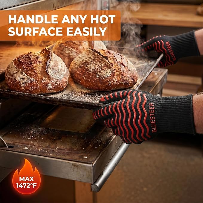 BBQ Gloves 1472°F Heat Resistant Oven Gloves with Fingers Heat Proof Grill Gloves Non-Slip Silicone Oven Mitts for Kitchen Cooking Grilling Baking Smoking