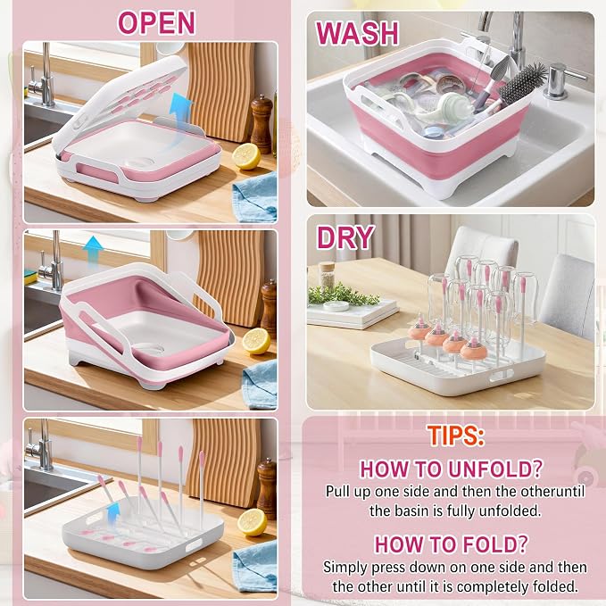 Yecuip Collapsible Baby Bottle Wash Basin w/Drying Rack & Drain Plug, Pink | 2.4 Gallon Foldable Dish Tub w/Handles,Portable RV Camping Sink & Space-Saving Wash Bin with Lid for Kitchen,Travel & Outdoor