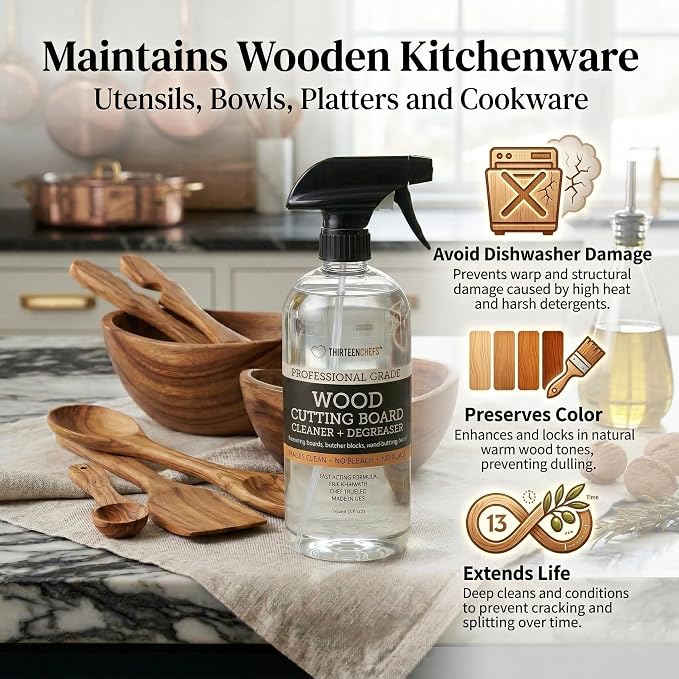 Thirteen Chefs Wood Cutting Board Cleaner - Food Safe Spray for Butcher Blocks and Countertops, Spray Soap for Wooden Surfaces (16oz)