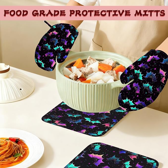 Magic Bat Heat-Resistant Silicone Oven Mitts and Pot Holders,Long Oven Gloves with Non-Slip Grip for Cooking, Baking, Grilling,BBQ