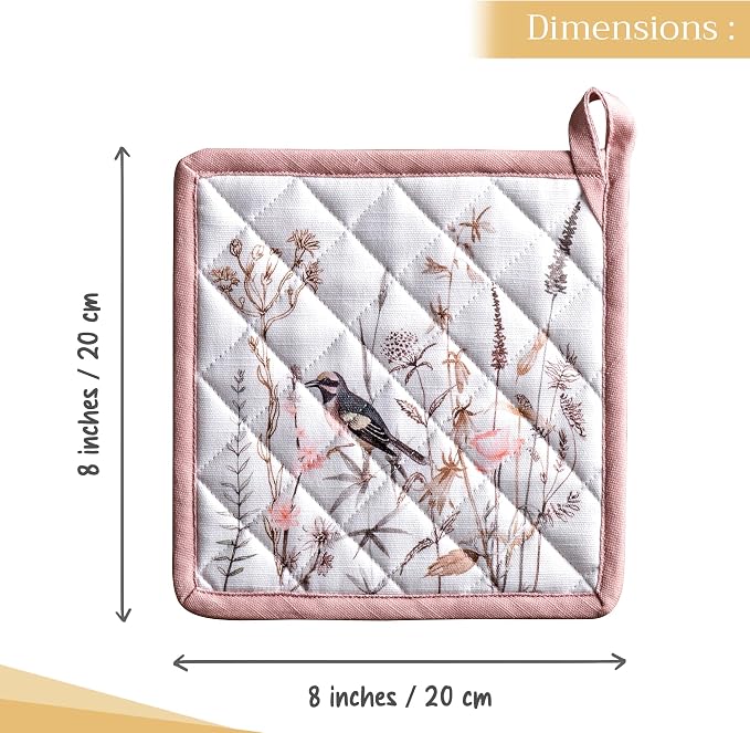 Maison d' Hermine Pot Holders 100% Cotton Potholders (8" x 8", Pack of 2) | Heat Resistant Hot Pads with Loop BBQ Cooking Farmhouse Kitchen Handling Hot Pans Spring Summer - Meadow Florals - Brown