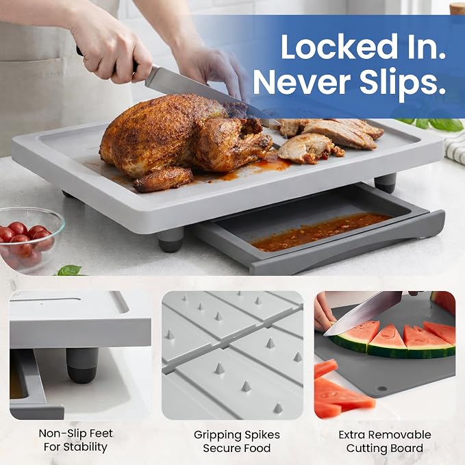 Karving King Plus Large Cutting Board - Juice Groove, Spikes & Drip Tray