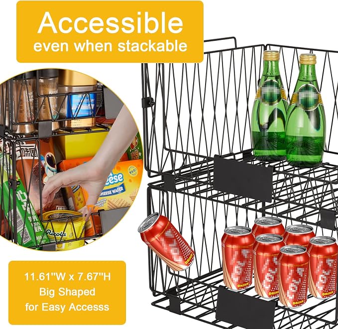 2 PACK XXL Stackable Wire Baskets for Pantry Organization and Storage | Heavy Duty Metal Wire Baskets with Labels,Open Front Pantry Bins for Kitchen,Snacks,Chips,Cans,Potatoes & Produce