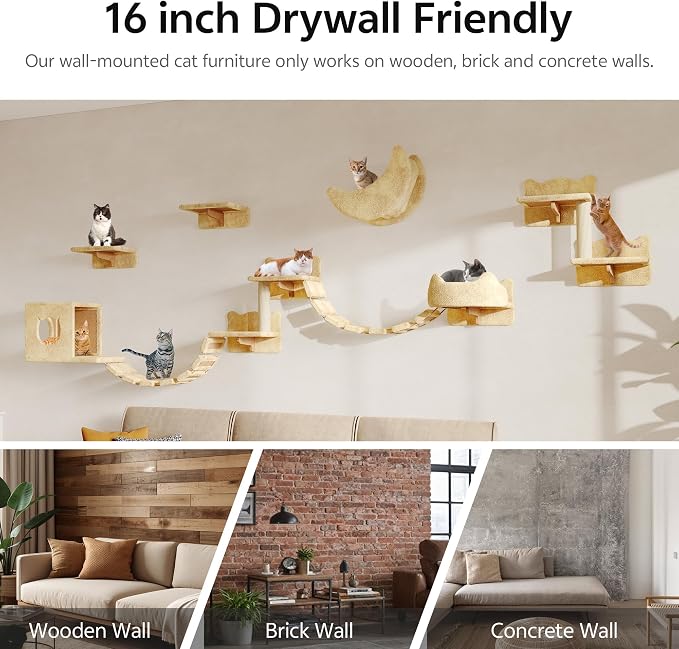 Cat Wall Furniture, 13 in 1 Moon & Bridge Cat Wall Shelves, Beige | Wall Mounted Cats Shelf Set with Plush Fabric, Cat Climbing Systems for 16 Inch Drywall, Condo, Scratching Post, Space-Saving