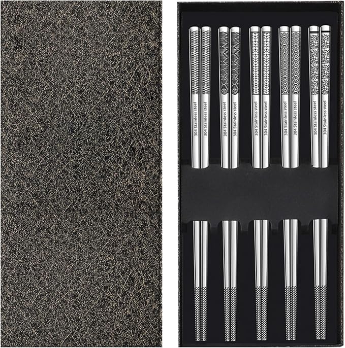 Metal Chopsticks Reusable 316 Stainless Steel Chopsticks Multipack Dishwasher Safe Chop Sticks Square Fancy Laser Engraved Non-slip Korean Chopstick for Cooking Eating 9.45 Inches 5 Pairs Gift SetS