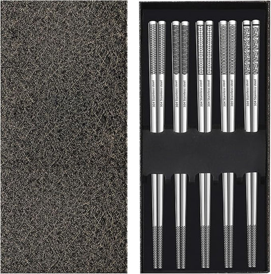Metal Chopsticks Reusable 316 Stainless Steel Chopsticks Multipack Dishwasher Safe Chop Sticks Square Fancy Laser Engraved Non-slip Korean Chopstick for Cooking Eating 9.45 Inches 5 Pairs Gift SetS