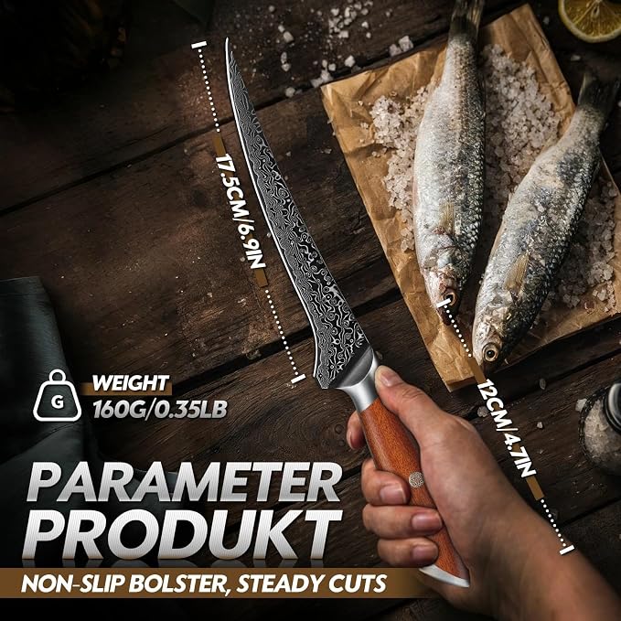 Freelander Damascus Fillet Knife with Wood Handle for Fish, Meat & Poultry | Razor Sharp 7" Filet Knife with Comfortable Grip, Mosaic Pin Design, Ideal for Skinning, Deboning & Slicing, Gifts for Men