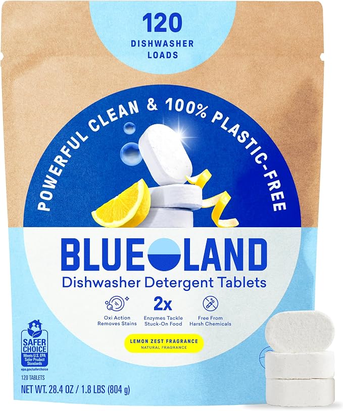 BLUELAND 100% Plastic-Free Dishwasher Detergent Tablets, 120 Count, Lemon Zest Scent, Eco Friendly Dishwashing Pods, Cuts Grease & Stuck on Food, Rinses Clean for Streak-Free Shine