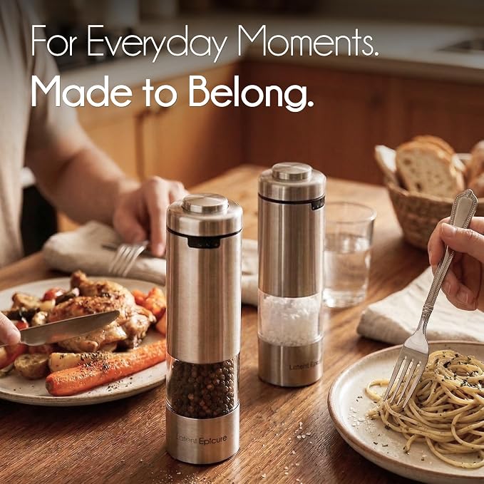 Latent Epicure Electric Salt and Pepper Grinder Set, USB-C Rechargeable | Stainless steel mills with LED light, Adjustable ceramic grinders, One-handed use, Rest tray & gift box included