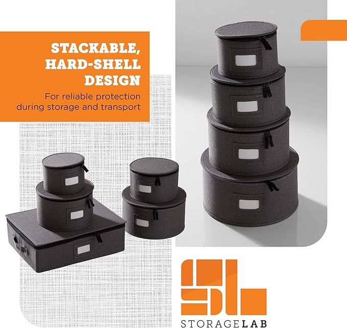 storageLAB 5-Piece China Storage Set | Plates & Mugs | Woven Linen | Gray | Full china set for 12 - 4 plate cases + mug case, zipper closure. Hard shell, felt dividers, stackable, top-load.