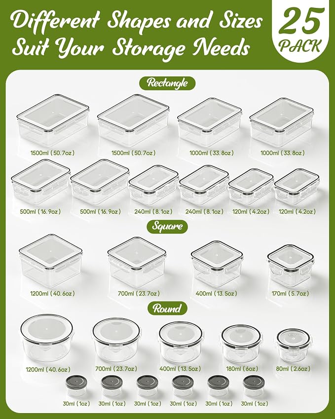 50 Piece Food Storage Containers with Lids(25 Containers & 25 Lids), BPA-Free Plastic Food Containers for Kitchen Storage and Organization, Leak Proof Meal Prep Container, Includes Labels & Pen