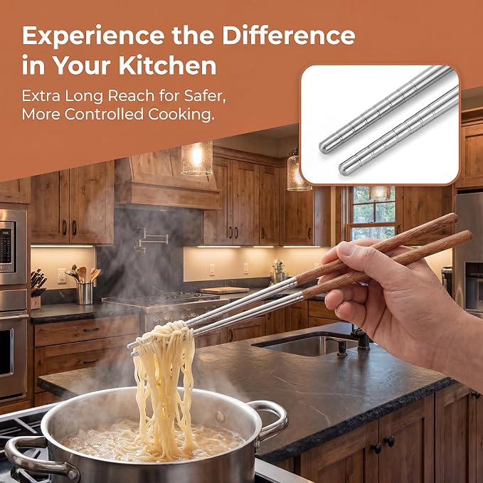 Kichvoe 15.75 Inch Long Cooking Chopsticks, Stainless Steel with Wooden Handle, Non-Slip Utensil for Chinese Cooking, Hot Pot, BBQ, Noodles and Deep Frying, 1 Pair