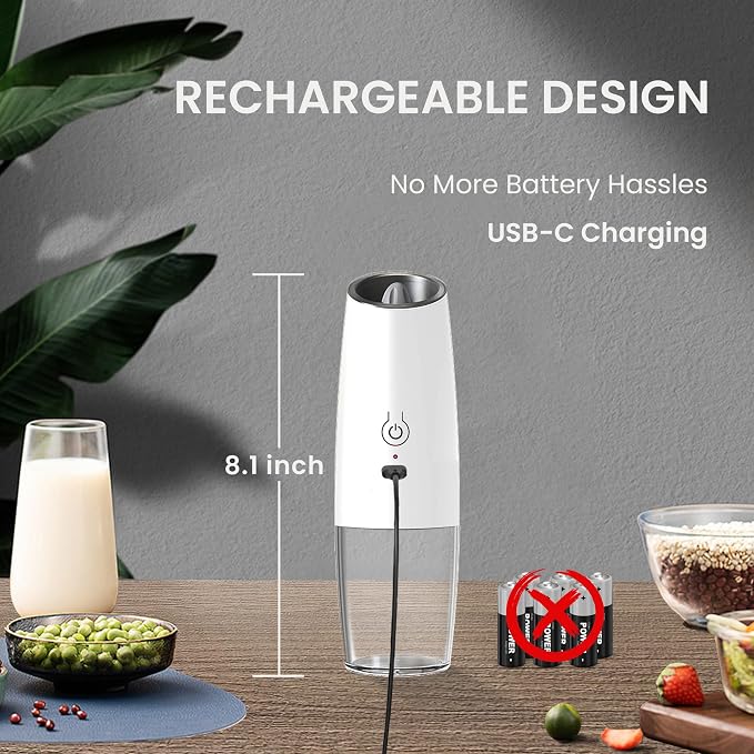 Rechargeable Salt And Pepper Grinder Set with LED Light, Automatic Electric Gravity Salt And Pepper Shakers Set, No Battery Needed, Adjustable Roughness, 2 Pack (White)