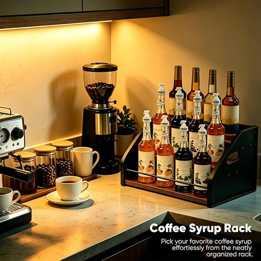 3-Tier Coffee Syrup Rack with Easy-Carry Handles | Retro Large Countertop Bottle Organizer Shelf |15 Syrup Bottles Holder | Sturdy Freestanding Bar Stand for Coffee, Whiskey & Spirits