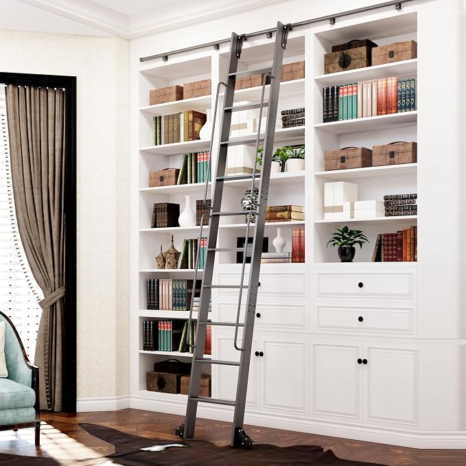 DIYHD 120" Rolling Library Ladder with Handrail, 4FT Sliding Rail, Black | 10-Step lightweight ladder with space-saving upright storage, Telescopic top hooks, Locking bottom rollers, 300lbs capacity