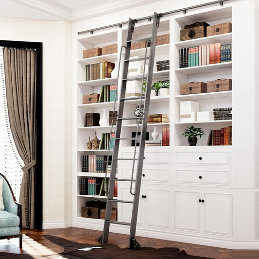 DIYHD 120" Rolling Library Ladder with Handrail, 4FT Sliding Rail, Black | 10-Step lightweight ladder with space-saving upright storage, Telescopic top hooks, Locking bottom rollers, 300lbs capacity