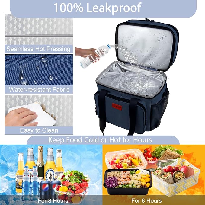 Expandable Lunch Box Cooler Bag - Insulated Soft Lunch Bag for Men Women - Large Lunchbox for Adults Work Camping Outdoor Travel Blue 16L