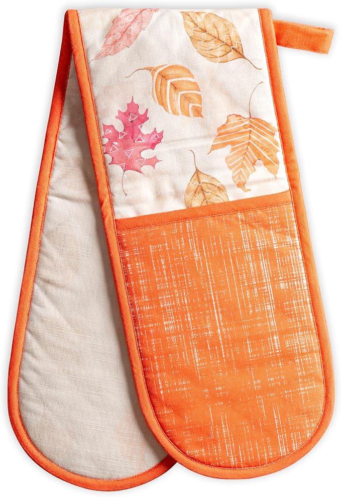 Maison d' Hermine Double Oven Mitts 100% Cotton Double Oven Glove (7"x35") | Heat Resistant BBQ Cooking Gloves with Loop Baking Kitchen Home Hotel Farmhouse Thanksgiving Christmas - Colours Of Autumn