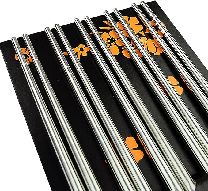 Rbenxia Metal Steel Chopstick Stainless Steel Spiral Chopsticks 8.8 Inches Long Lightweight Chopstick Set Reusable Classic Style for Kitchen Dinner 5 Pairs Silver