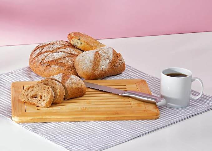 RoyalHouse Large Premium Natural Bamboo Bread Cutting Board with Crumb Tray, Bread Serving Tray for Kitchen | Bread Serving Tray for Kitchen, Ideal for Slicing Loaves, Catching Crumbs, and Elegant Countertop Presentation