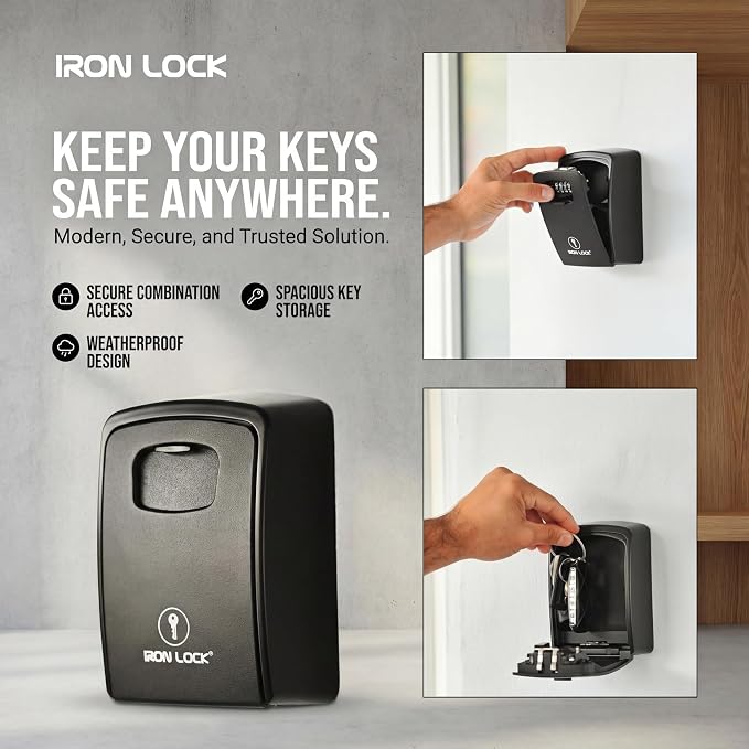 Iron Lock® XXL Wall Mount Key Lock Box, Outdoor Combination Code (Black) | Fits 20-30 spares plus fobs & cards; unique built-in tray so keys don't fall out; dial cover; screws & anchors included