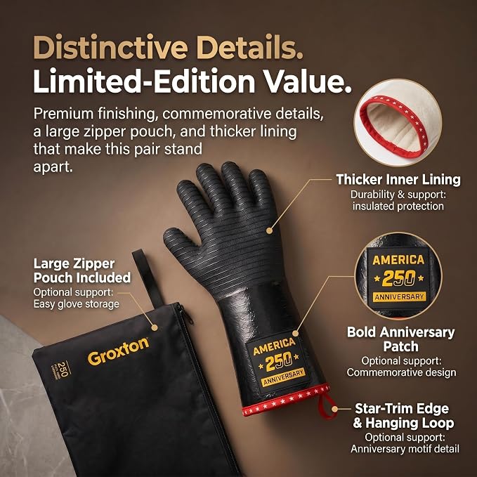 PRO BBQ Gloves, Black Neoprene, 14-Inch, Heat Resistant up to 932°F, Waterproof with Cotton Lining, America 250th Anniversary Edition, Includes Storage Bag (Roomy Fit-14INCH-932℉-PRO)