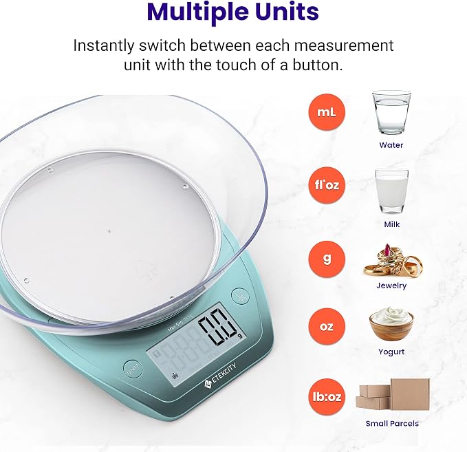 Etekcity Food Kitchen Scale with Bowl, 0.1g, Grams and Ounces | 11lb/5kg capacity with tare, removable bowl, ideal for baking, meal prep and portion control, Stainless Steel, Bright Blue