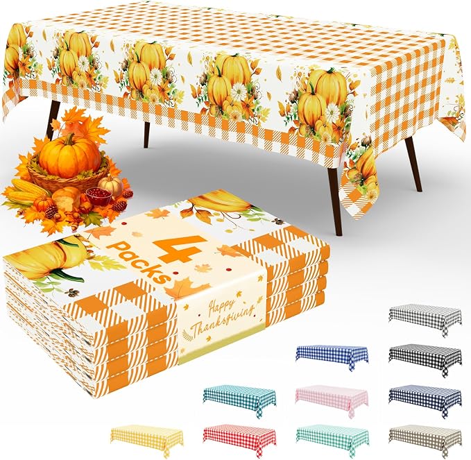 4 Packs Buffalo Disposable Table Cloth, 54 x 108 Inch Waterproof Plastic Tablecloth, Rectangle Pumpkin Orange and White Checkered Table Covers for Picnic, Birthday, Party