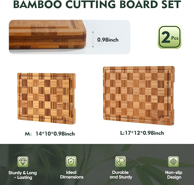 Bamboo Cutting Board Set of 2 Wooden Cutting Boards for Kitchen Wood | Heavy Duty Thick Checkered, Wooden Wood Cutting Board, Deep Juice Grooves, Non-slip Feet, 2 Pack