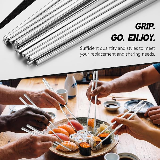 10 Pairs Metal Chopsticks Reusable 18/8 Stainless Steel Chopsticks with Sleek Engraving Patterns 9.25 in Japanese Korean Chop Stick Non-slip Dishwasher Safe for Premium Gift Set