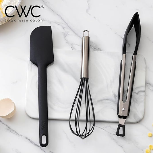 COOK WITH COLOR Stainless Steel Silicone Tipped Kitchen & BBQ Tongs Set, 3 Pc Utensils, Black
