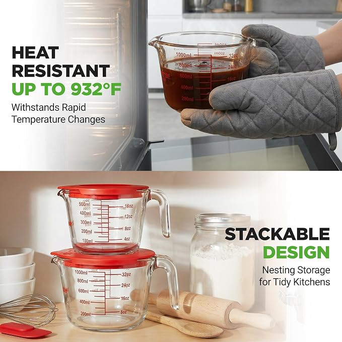 NutriChef 2 and 4 Cups Glass Measuring Cup Set with Lids (17 & 34 oz) - Heat-Resistant Borosilicate Liquid Measure Cups with Easy-Read Scale for Cooking, Baking and Food Storage, Dishwasher Safe