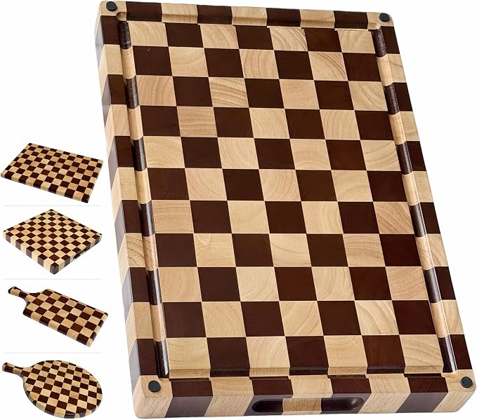 Checkered End Grain Cutting Board with Juice Groove & Handle | 17" x 12" x 1.2" Thick | Acacia & Rubber Wood | Reversible End Grain | Juice Groove | Meat, Bread & Vegetable Prep
