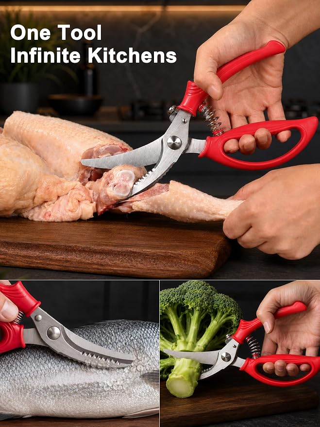 Poultry Shears, Kitchen Shears with Spring Loaded, Heavy Duty Poultry Scissors for Meat, Chicken,Turkey, Anti-Slip Handle,Safety Lock,Dishwasher Safe