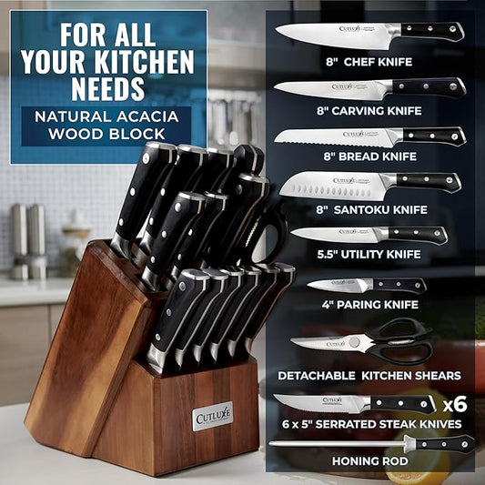 Cutluxe 15-Piece Knife Set – Premium Acacia Wood Block – Knife Set for Kitchen, Ultra Sharp High Carbon German Stainless Steel, Full Tang – Artisan Series