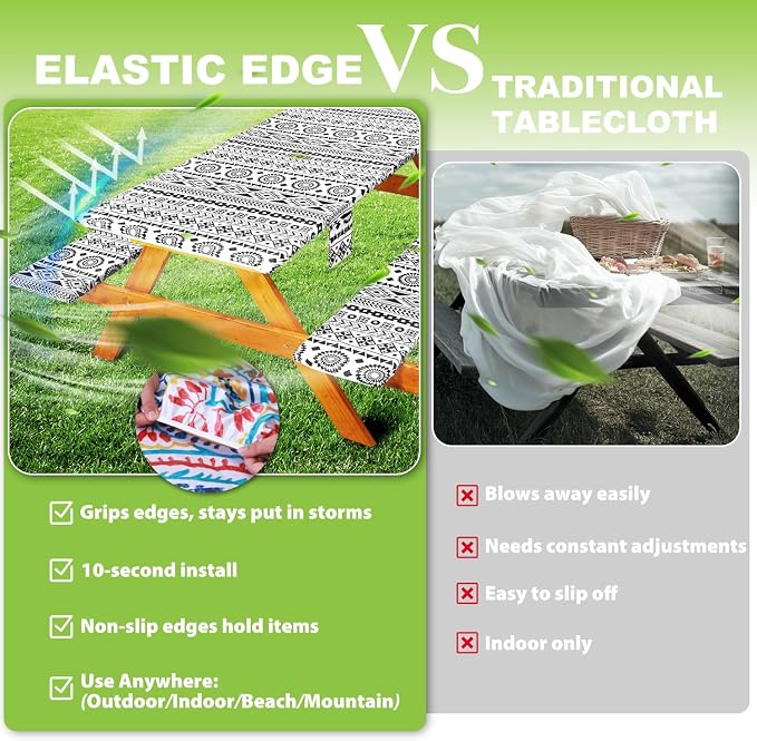 Picnic Table Cover with Bench Covers Vinyl Elastic Edges Fitted Rectangle Tables Seat Waterproof 3-Piece96X30in Set Outdoor Rectangular Folding Backing Tablecloth for Camping Over Size BlackGeometrics