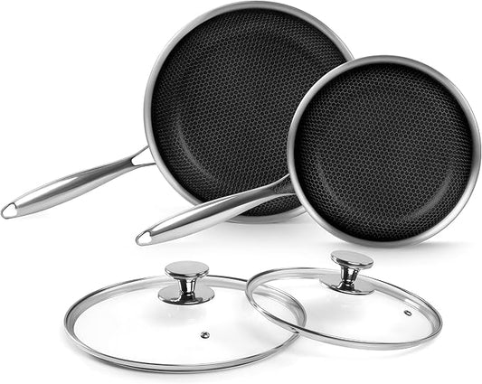 Innerwell Tri-Ply Stainless Steel Frying Pan Set with Lid,9.5Inch 11Inch Nonstick Honeycomb Stainless Steel Cooking Pan Set of 2 Skillet Works Pan for Cooking with Induction Gas Stovetops