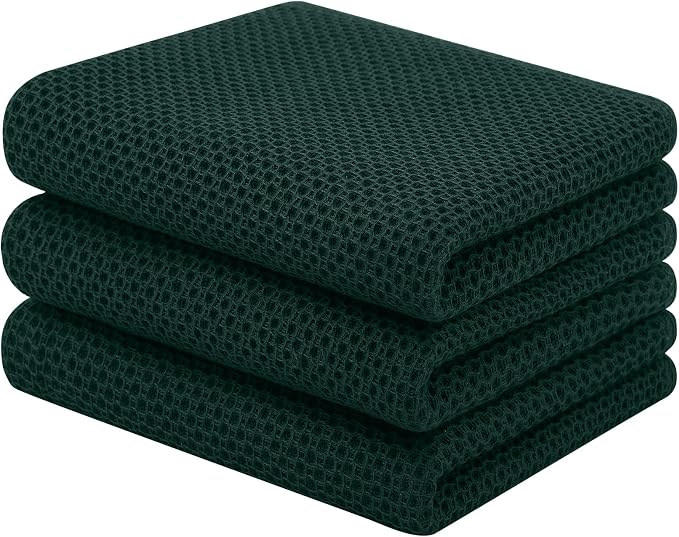 Homaxy 100% Cotton Waffle Weave Kitchen Towels, 3-Pack, Blackish Green | 13 x 28 Inches, Ultra Soft Absorbent Dish Towels, Quick Drying Cleaning Towels