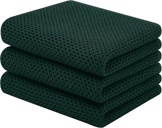 Homaxy 100% Cotton Waffle Weave Kitchen Towels, 3-Pack, Blackish Green | 13 x 28 Inches, Ultra Soft Absorbent Dish Towels, Quick Drying Cleaning Towels