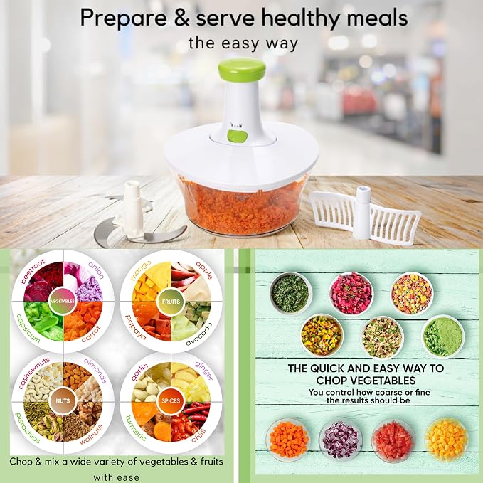 Brieftons Express Manual Food Chopper, 6.8-Cup Hand Pump Vegetable Chopper to Chop Veggies Onion Garlic Herbs, Tear-Free Onion Chopper & Salsa Maker for Camping RV Home, 3-Leaf Stainless Steel Blade