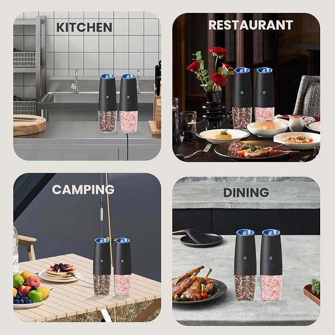 Rechargeable Salt And Pepper Grinder Set with LED Light, Automatic Electric Gravity Salt And Pepper Shakers Set, No Battery Needed, Adjustable Roughness, 2 Pack (Black)