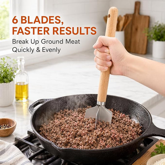 304 Stainless Steel Meat Chopper, 6-Blade Heavy Duty Ground Beef Meat Masher, 11 Inch Food Grade Hamburger Smasher Metal Kitchen Tool for Vegetable Puree Cooking