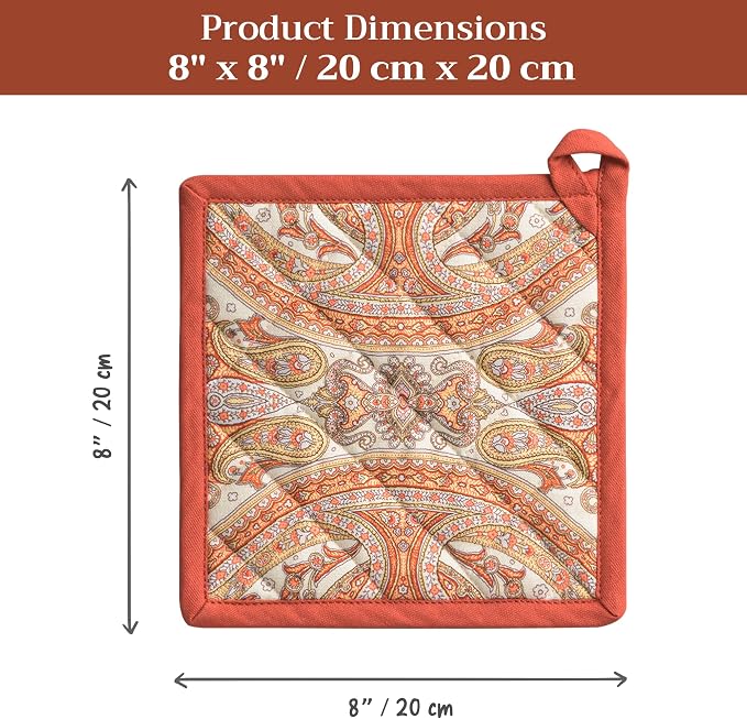 Maison d' Hermine Pot Holders 100% Cotton Potholders (8" x 8", Pack of 1) | Heat Resistant Hot Pads with Loop BBQ Cooking Baking Hotel Kitchen Handling Hot Pans Thanksgiving Christmas - Kashmir Paisley